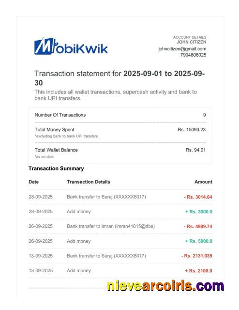 India MobiKwik transaction statement Word and PDF